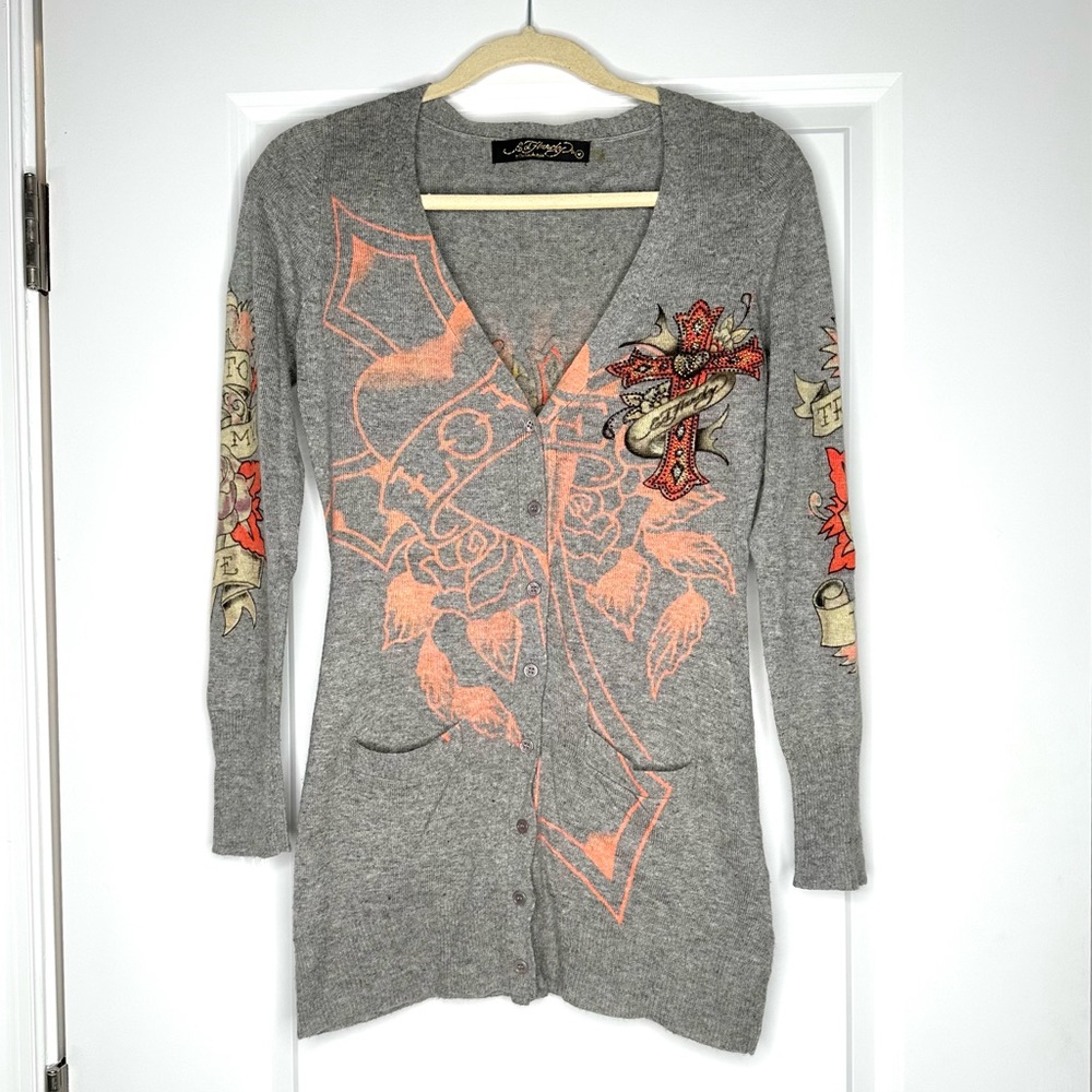 Rare Vintage Y2K Ed Hardy ‘Love’ grey wool cardigan sweater dress